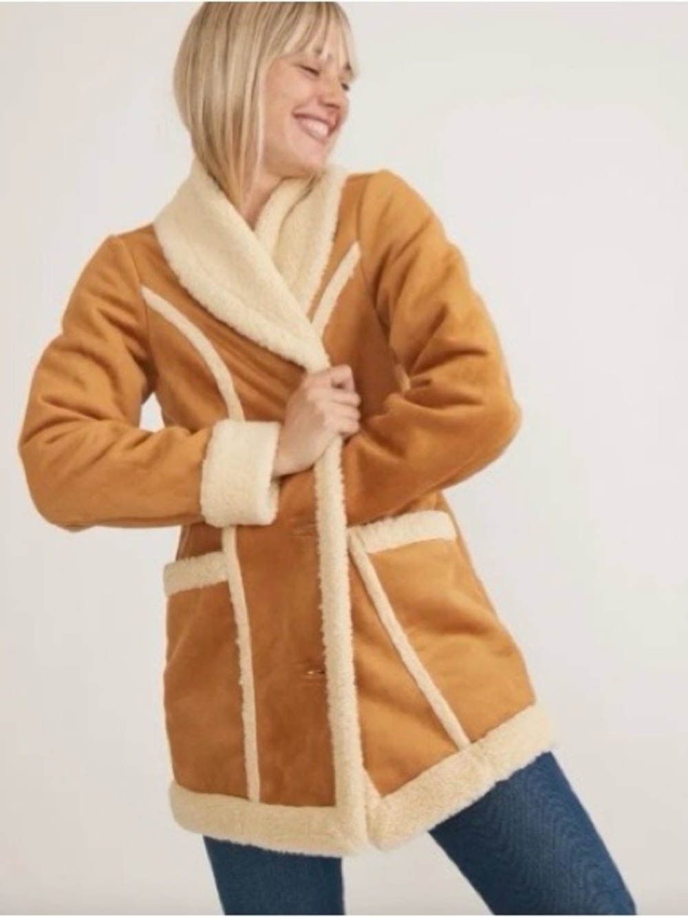 NWT Marine Layer Penny Lane Faux-Shearling Trimmed Coat in Camel- XS